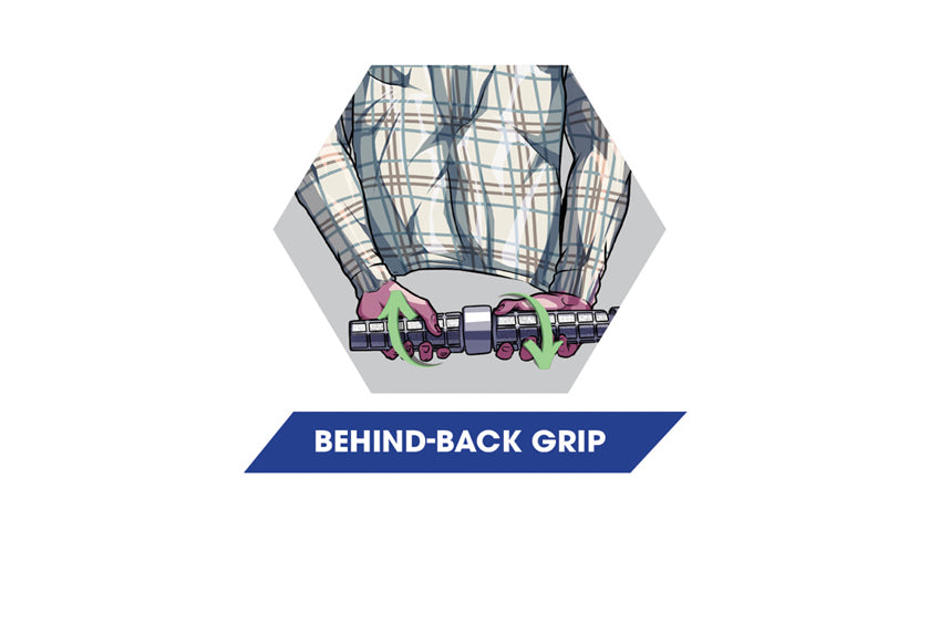 Illustration of behind-the-back grip training using the SportGrips REVOLUTION 2.0 to target wrist and forearm muscles from a rear position