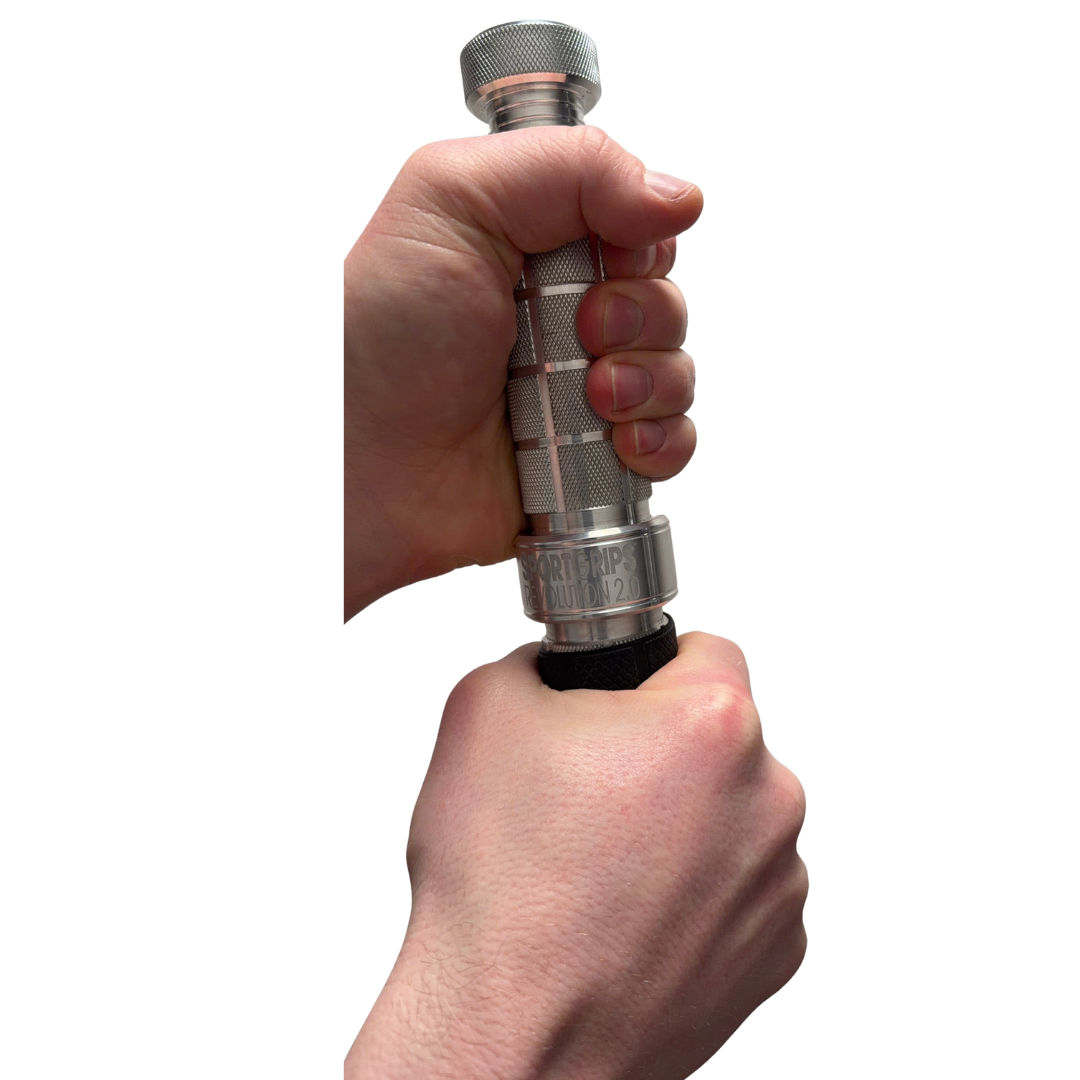 Hand holding a metallic tool with a white background