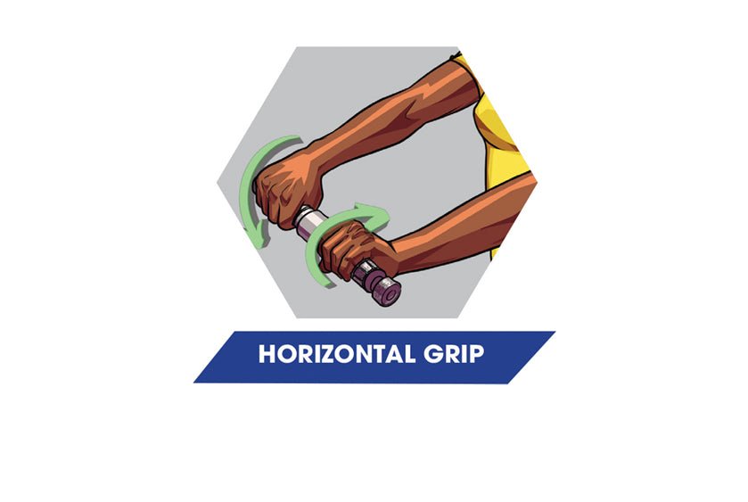 Illustration of a horizontal grip exercise using the SportGrips REVOLUTION 2.0 to build forearm and wrist strength