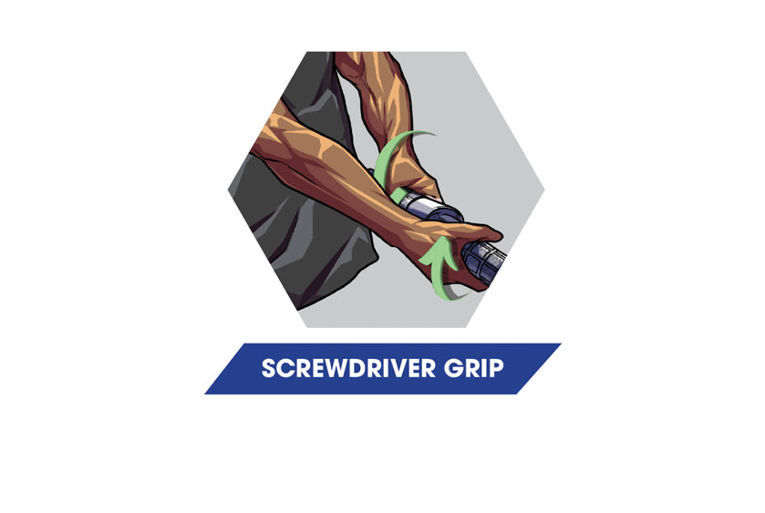 Illustration of screwdriver grip exercise using the SportGrips REVOLUTION 2.0 to train forearm pronators and supinators with rotational movement