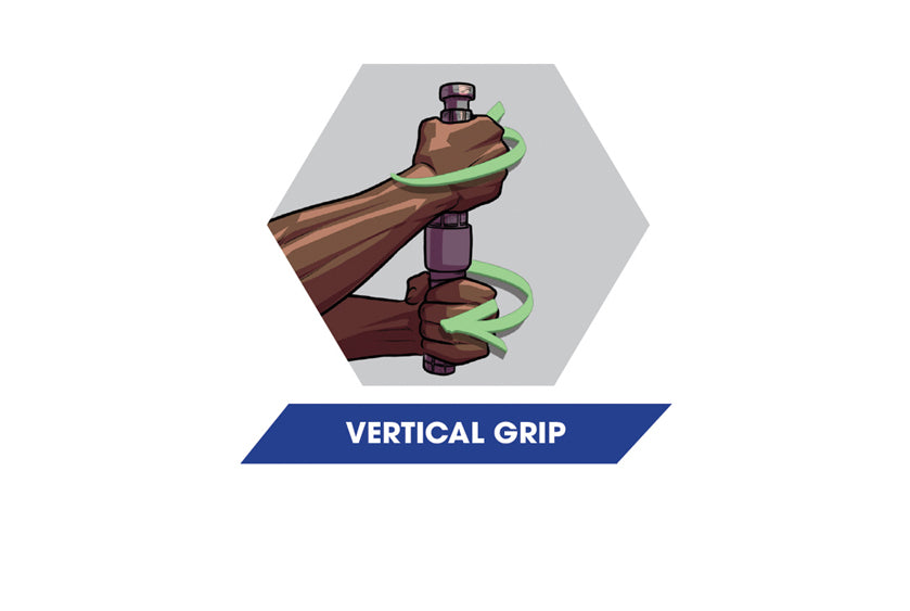 Illustration of vertical grip exercise using the SportGrips REVOLUTION 2.0 to train forearm flexors and extensors through wrist rotation